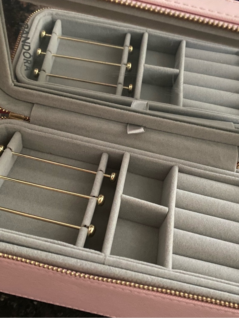Pandora Pink and Gray Travel Jewelry Box with Gold Accents